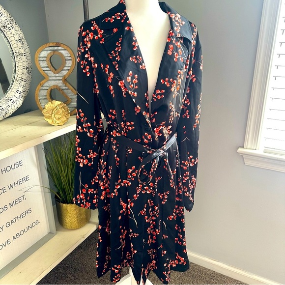 Jason Wu Jackets & Blazers - Jason Wu Women's Woven Printed Lightweight Satin Floral Belted Trench Coat Sz L